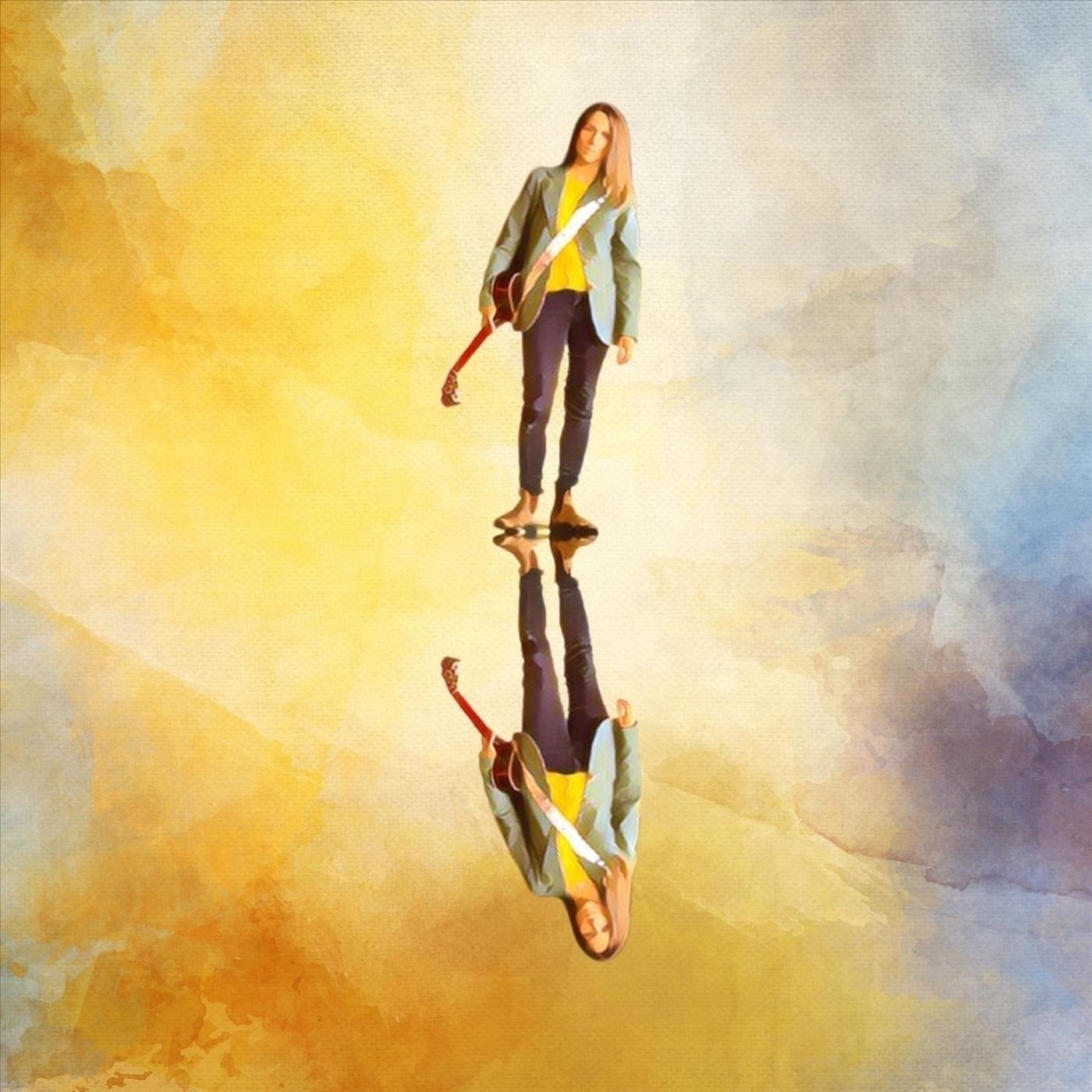 Album cover for Should I Run, by Lee Rosevere. It depicts a person holding a guitar is standing on a reflective surface with a colourful, abstract background.