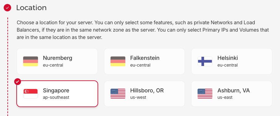 Screenshot of Hetzner server location, showing Singapore as an option.