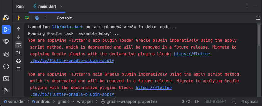 A development console displays a Flutter project's debug output with warnings about deprecated plugin usage. Message reads: You are applying Flutter's app_plugin_loader Gradle plugin imperatively using the apply script method, which is deprecated and will be removed in a future release. Migrate to applying Gradle plugins with the declarative plugins block, followed by a URL