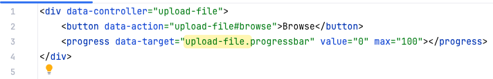 HTML code snippet of a StimulusJS controller includes a file upload button and a progress bar, with a target attribute with the name 'data-target' and the value 'upload-file.progress'