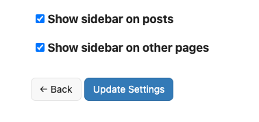 Two checkbox options are available for showing sidebar on posts and other pages, along with 'Back' and 'Update Settings' buttons.