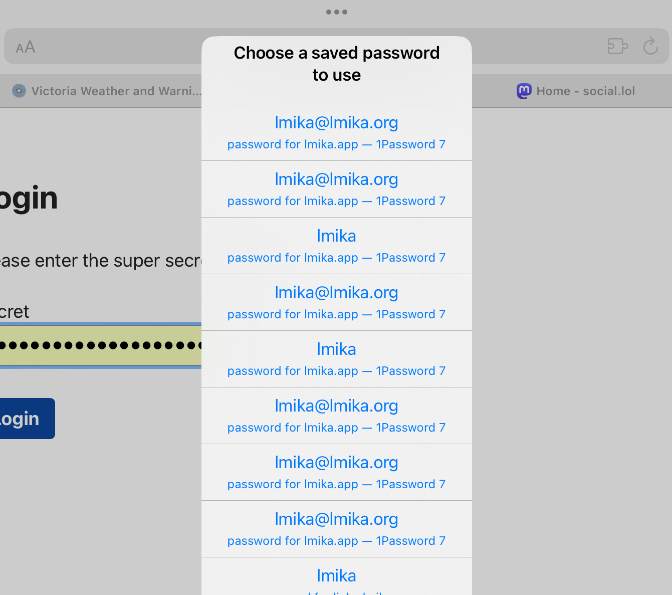 A password manager pop-up displays a list of saved password suggestions for the same domain, with no subdomains, 8 times.