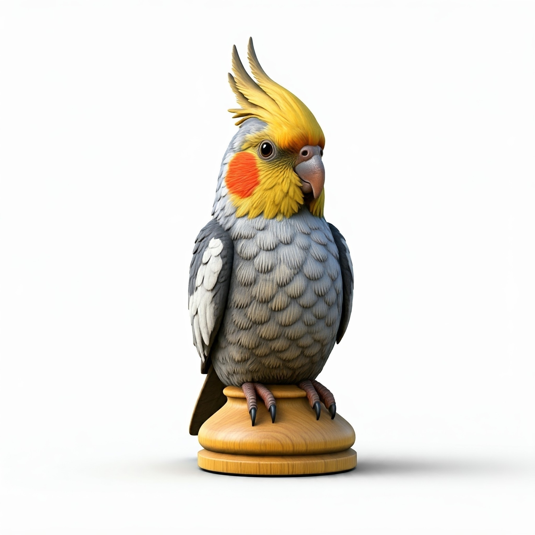 An AI image, generated by Google Gemini, of a wooden cockatiel perched on the base of a chess piece