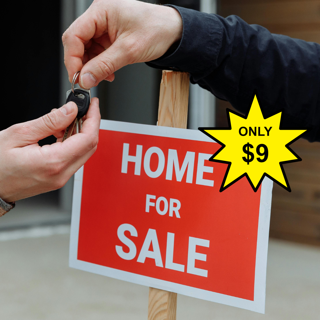 A person hands over house keys to another in front of a 'Home for Sale' sign with a $9 price tag.