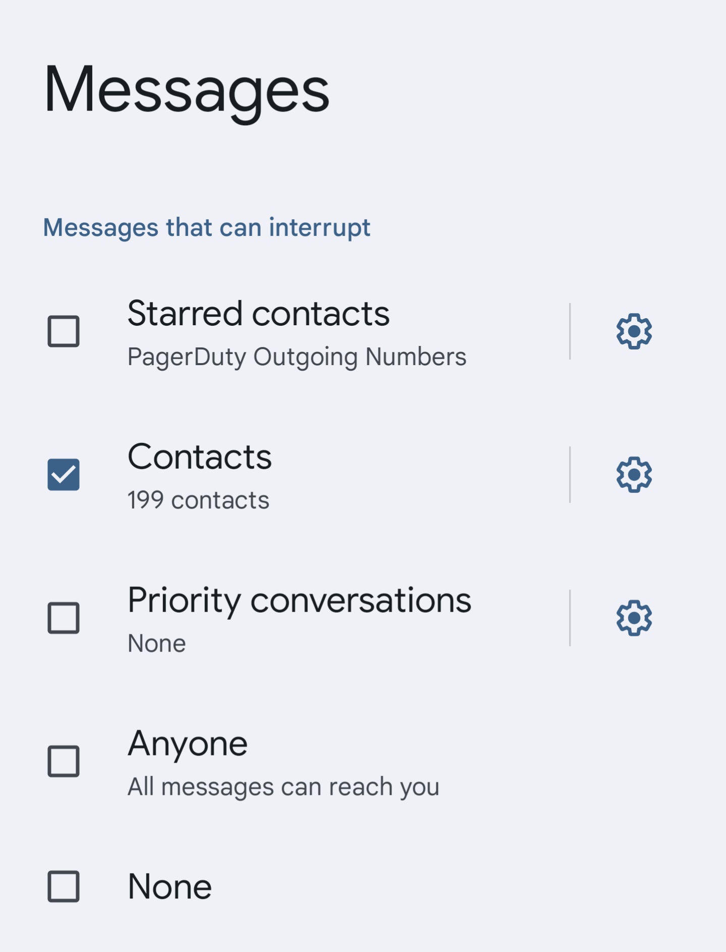 UI screenshot of message notification preferences in Do not Disturb with contacts selected.