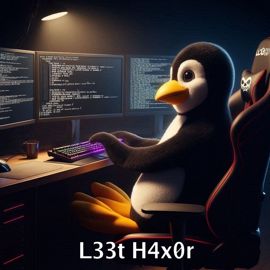Auto-generated description: A penguin is sitting in a gaming chair and typing on a colorful keyboard in front of three computer monitors displaying code. The caption on the image reads: L33t H4x0rf
