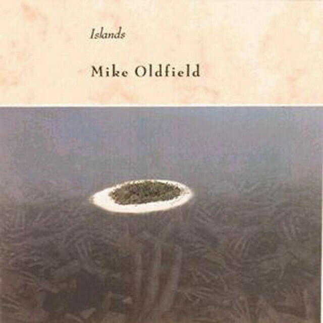 Album cover of Islands by Mike Oldfield, depicting an island on a dark-violet oceans with faint, artistic depiction of hands, with an orange sky