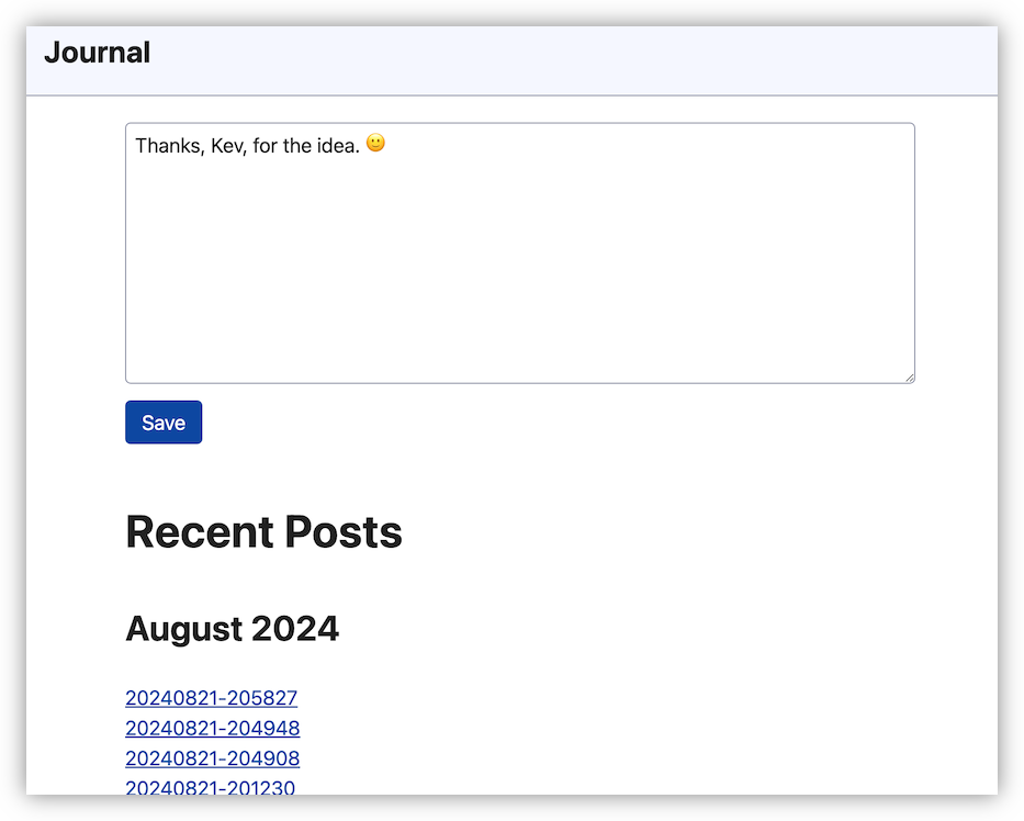 Screenshot of a journal web-page with a text box with the contents saying 'Thanks, Kev, for the idea'.