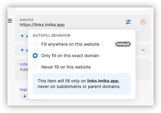 Screenshot of 1Password showing the auto-fill behaviour for the URL, with the option 'Only fill on this exact domain' selected