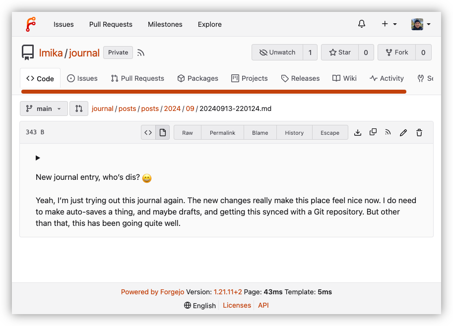 Auto-generated description: A screenshot of a journal entry on Forgejo shows a post titled 'New journal entry, who's dis?' along with a brief update about testing new changes.