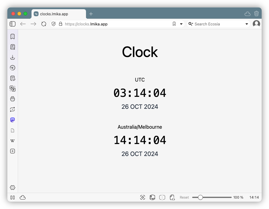 Auto-generated description: A digital world clock showing the current time and date for UTC and Australia/Melbourne on October 26, 2024.