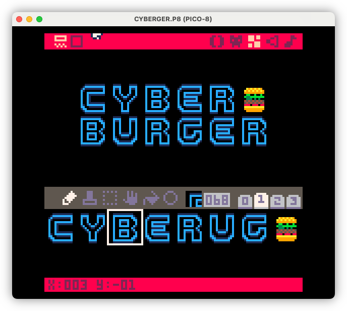 Auto-generated description: The map editor in Pico-8 depicting a retro-style screen displays CYBER BURGER, with the toolbox showing the sprites depicting the word CYBERUG and a pixelated burger icon.