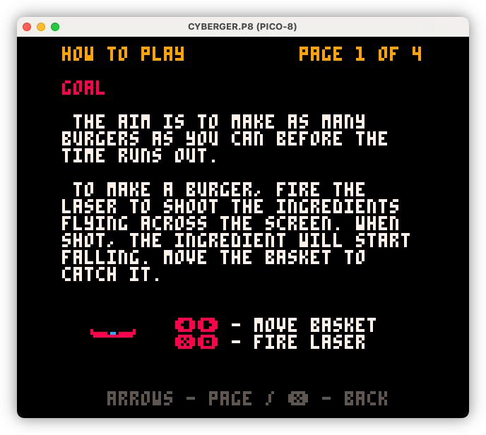 Auto-generated description: Instructions for a retro-style video game involving making burgers by shooting ingredients and catching them in a basket.