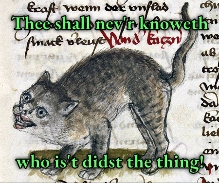 Auto-generated description: A medieval-style drawing of a cat with humorous text in an old-fashioned font. Meme text: Thee shall nev'r knoweth who is't didst the thing! In modern day English: you will never know who did that thing.