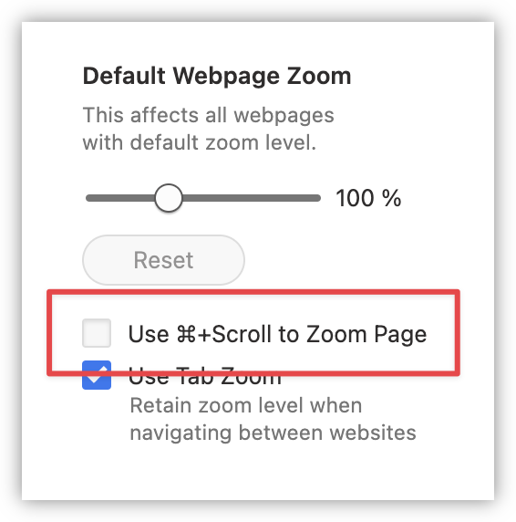 Auto-generated description: Options for adjusting webpage zoom settings, including a slider and a checkbox for using keyboard shortcuts, are displayed.