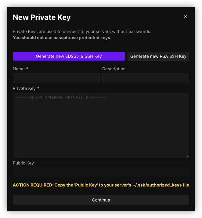 The Add Key modal showing options to generate an RSA or elliptical curve key