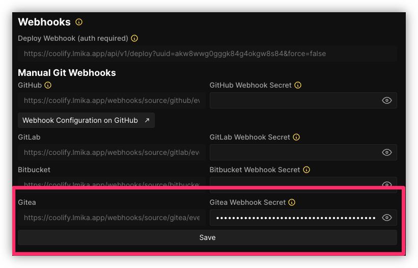 The web-hook settings for the deployable project resource, with the Gittea web-hook highlight