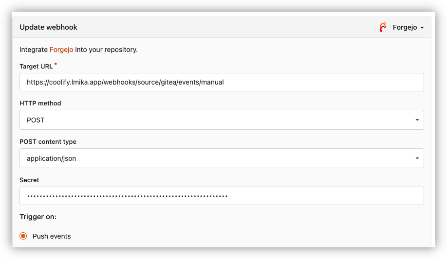 Project web-hooks in Forgejo, with the Gittea domain from Coolify set as the target URL, the secret set, and everything else left as the default