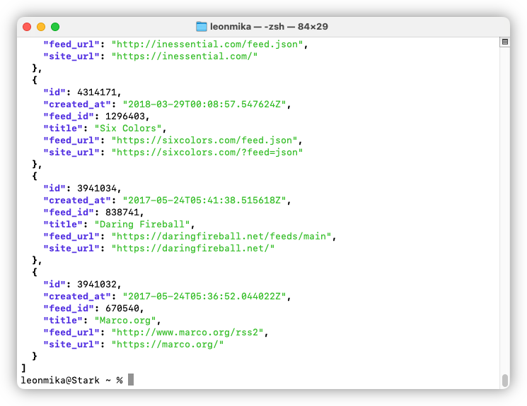 Screenshot of the response of Feedbin's subscription API, showing entries for Marco.org, Daring Fireball, and Six Colors