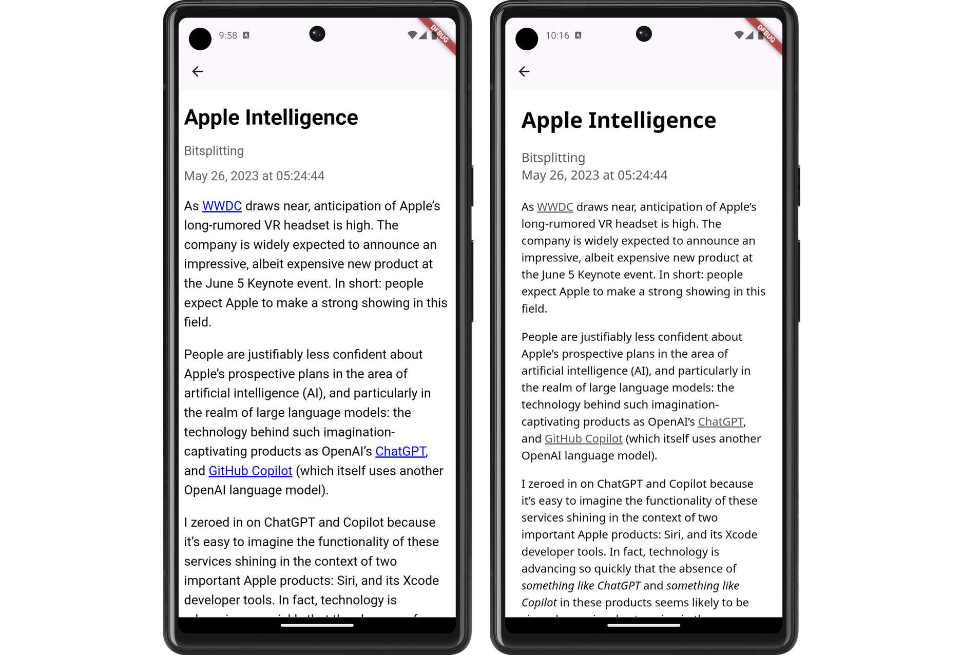 Auto-generated description: Two smartphone screens display an article titled Apple Intelligence by Bitsplitting, discussing Apple's upcoming product announcement.