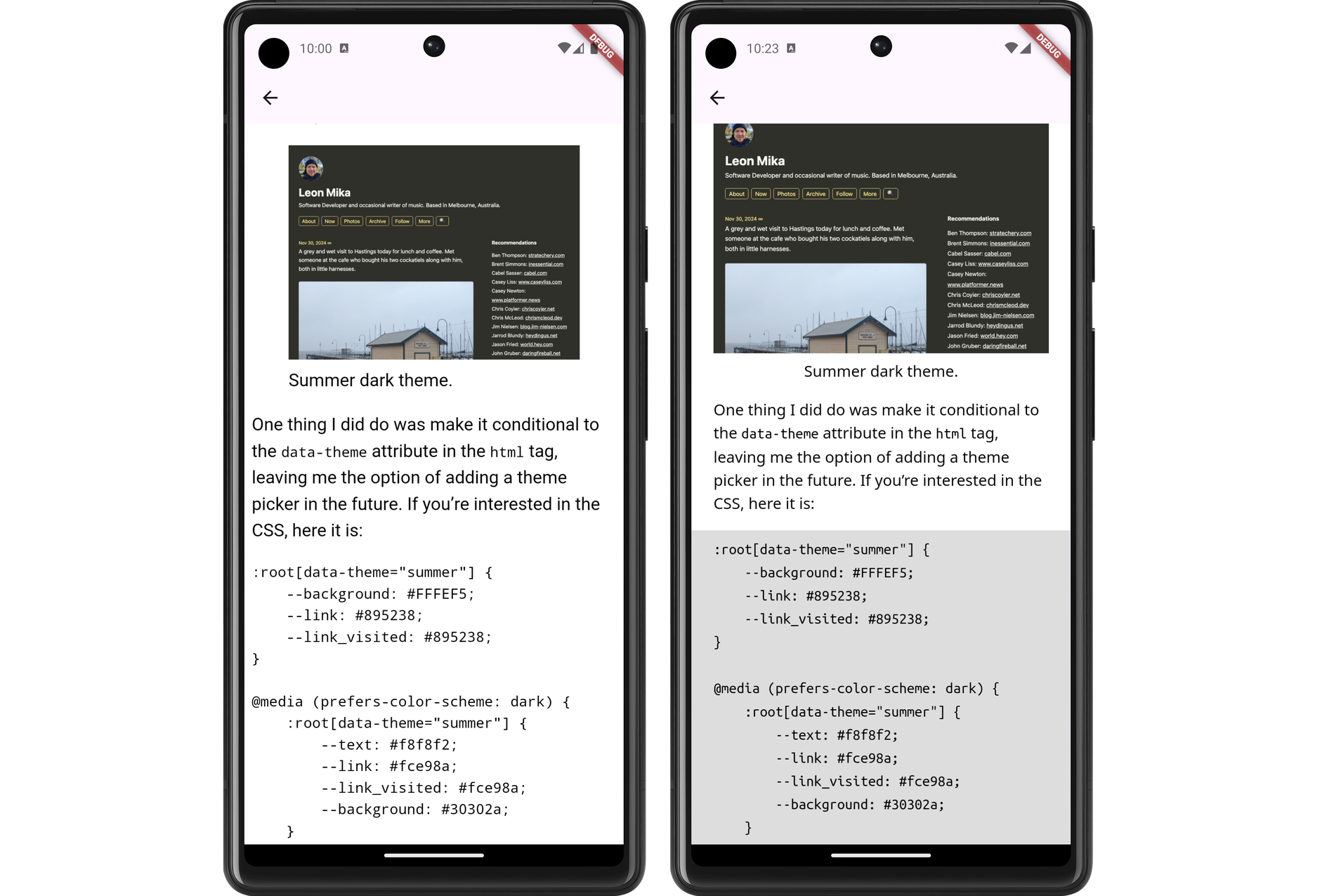 Auto-generated description: Two mobile screens showing a website with a summer dark theme, including CSS code for customizing the theme's appearance.