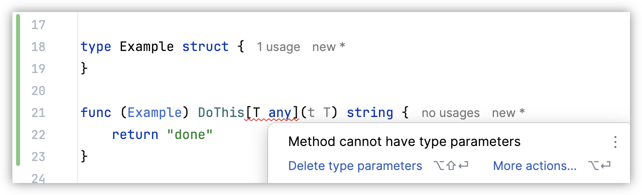 Auto-generated description: A code snippet shows a Go language function with an error message indicating that a method cannot have type parameters.