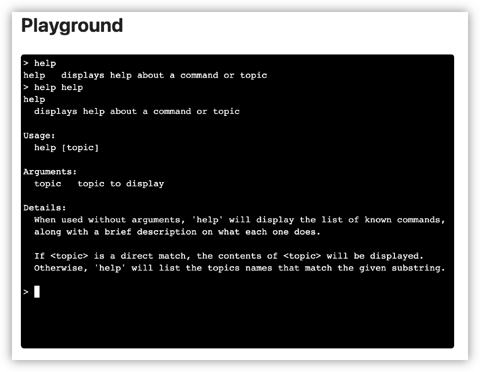 A command line interface is displayed, showing help-related commands, usage, arguments, and details.