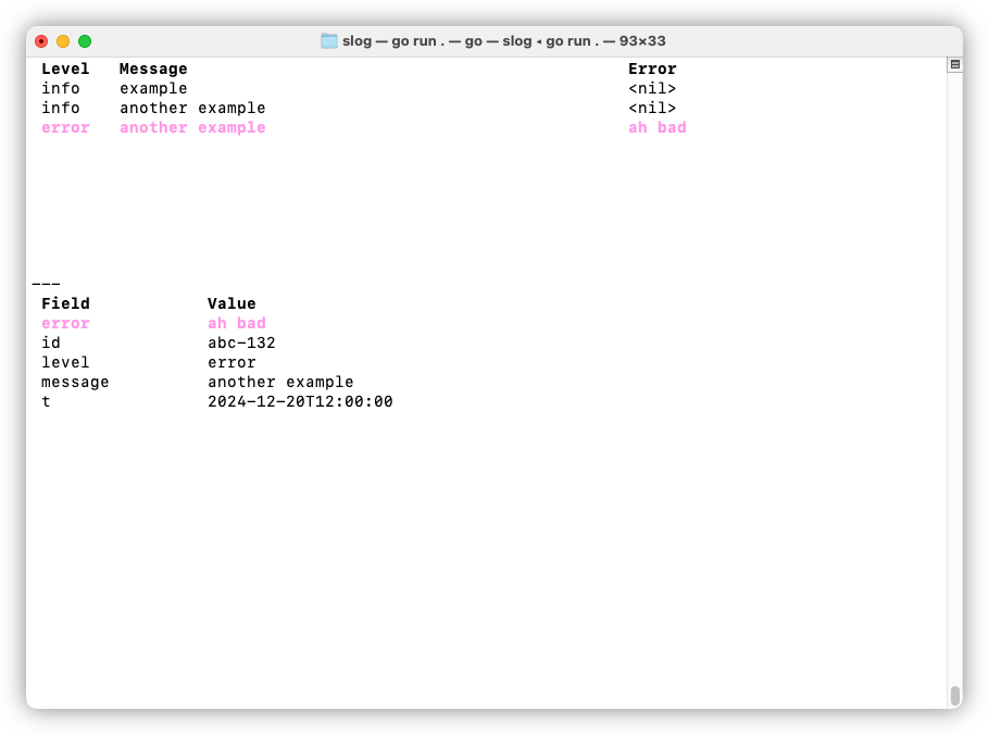 Auto-generated description: A terminal window displays log messages with levels and a table summarizing error, ID, level, message, and time values.