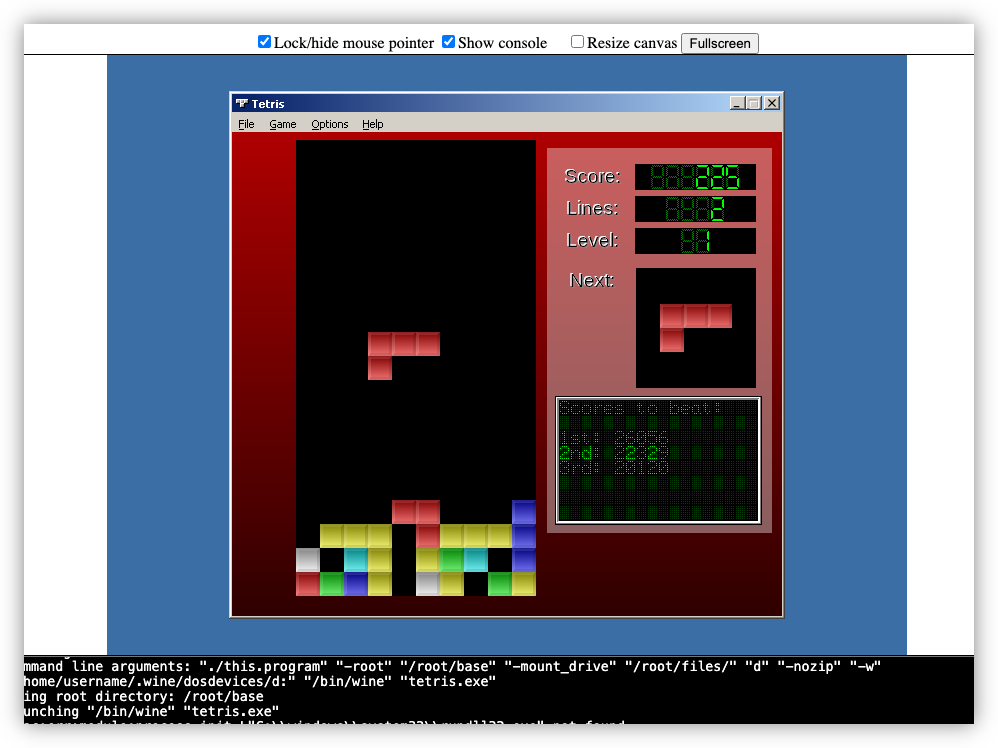 Auto-generated description: A game screen of Tetris is displayed, showing falling blocks and score details on the right side.