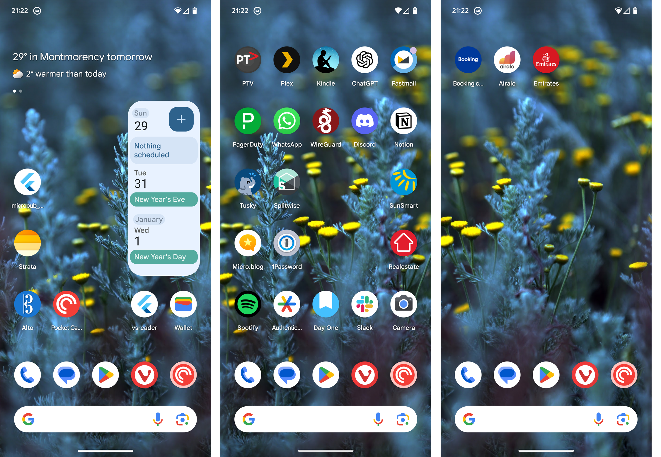 A smartphone home screen features various app icons arranged across three panels, set against a blue floral background.