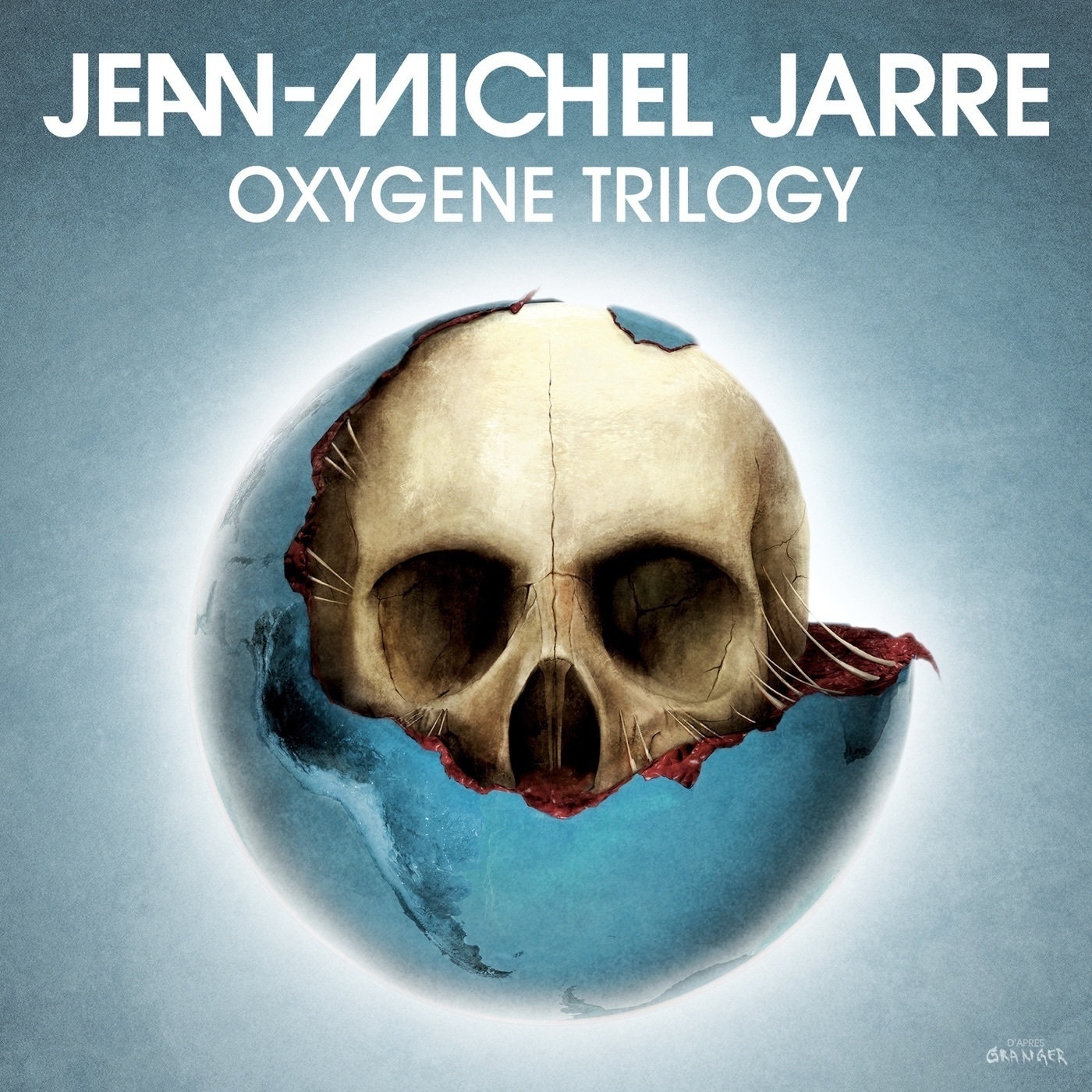  A globe is depicted with a skull emerging from its surface, set against a blue background with the text 'Jean-Michel Jarre Oxygene Trilogy' above it.