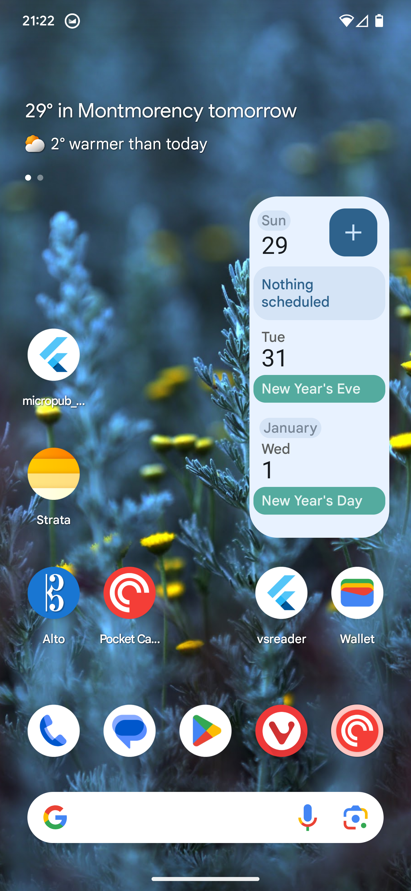 Auto-generated description: A mobile home screen displays weather information, calendar events, and various app icons against a blurred background of yellow and gray flowers.