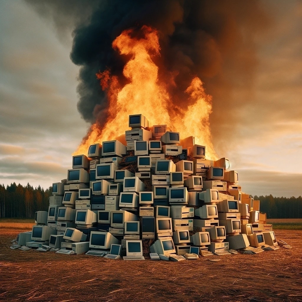 DALL-E image of a pile of 90's desktop computer in a field set on fire.
