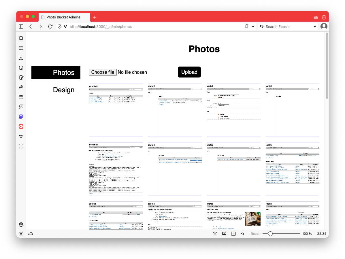 Screenshot of a browser showing an image admin section with a grid of images