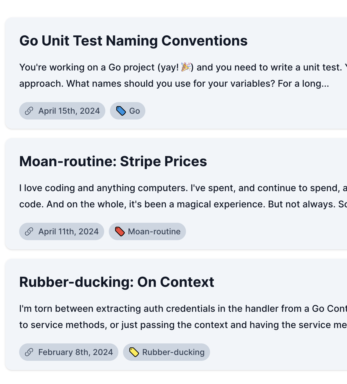 Screenshot of Scribbles post screen showing three posts, each with a different category with a different colour.