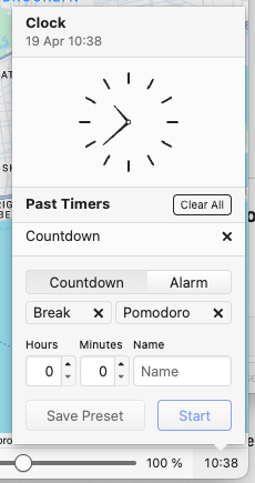 Screenshot of the Clock panel in Vivaldi, which shows a Countdown and Alarm with a Pomodoro option