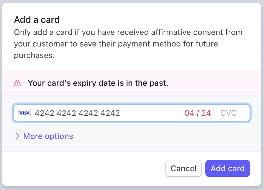 Screenshot of a new credit card setup within Stripe showing the test credit card number of 4242 4242 4242 4242, and the expiry date 4/24, and the error message saying 'Your card's expiry date is in the past'.