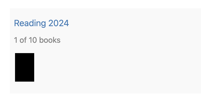 Screenshot of the Micro.blog reading goals for 2024, showing 1 book read with a goal of reading 10. The single book cover is blank.