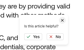 A HTML modal over prose with the prompt 'Is this article helpful?' with a 'Yes' and 'No' button