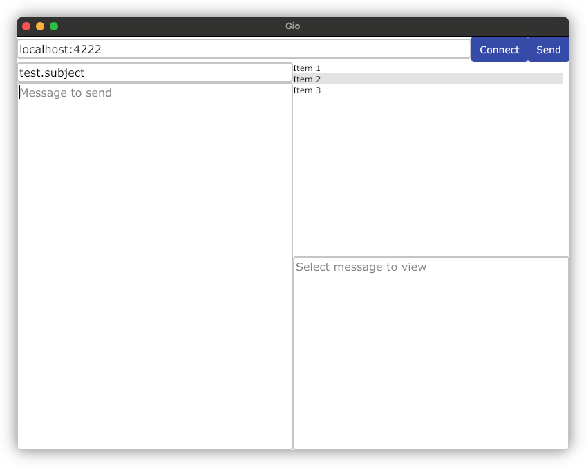 A screenshot of a window with the title Gio, a connection header, a left pane showing a NATS message to send, and a right pane showing messages that can be received