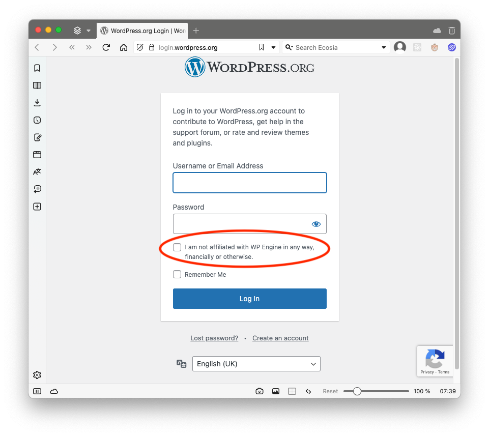 The wordpress.org login page, with a username and password field, and a checkbox that says 'I am not affiliated with WP Engine in any way, financially or otherwise', circled with a red ellipsis annotation