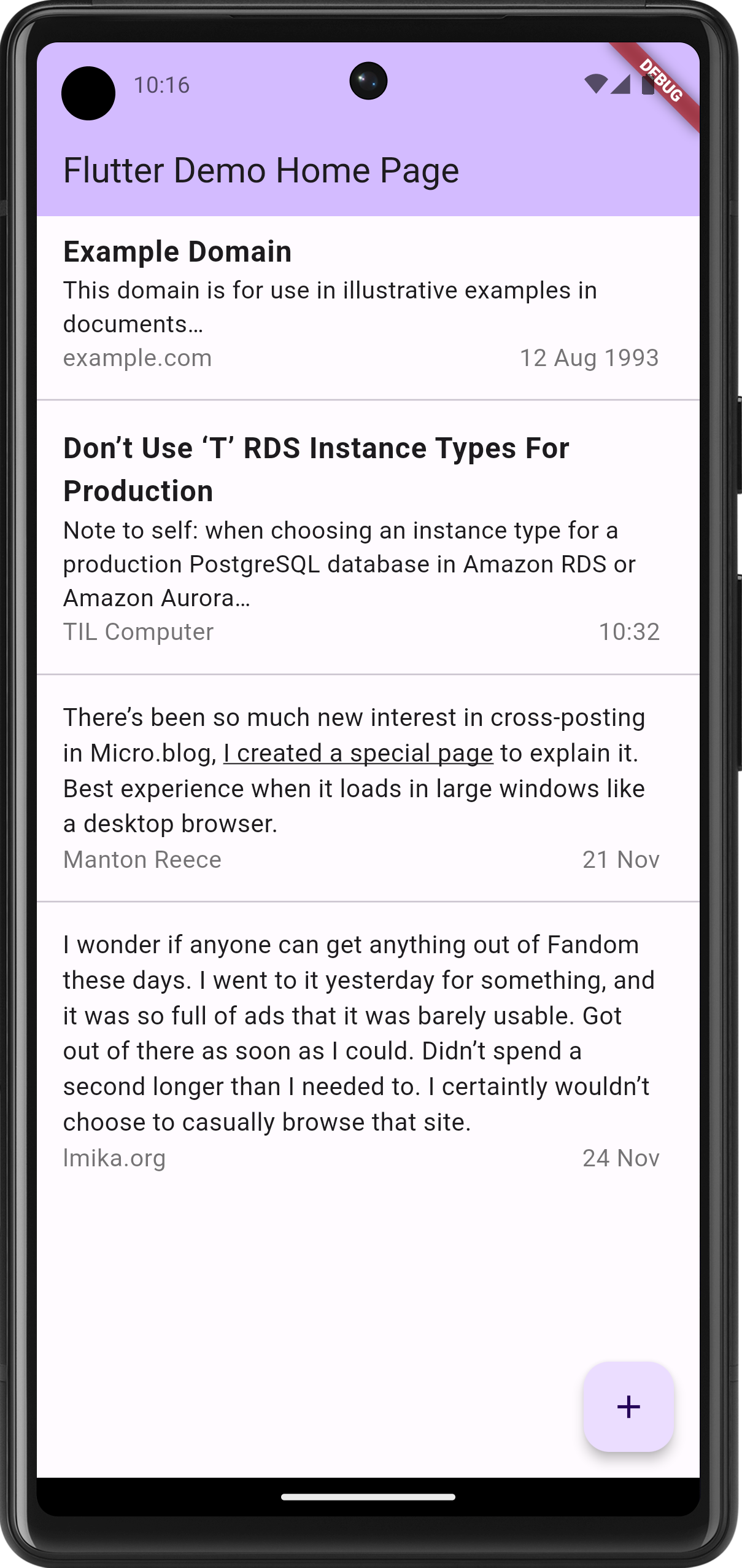 Auto-generated description: A smartphone screen displays a Flutter demo app with a list of text items including an example domain, a note about using 'T' RDS instance types, and a comment about a blog post.