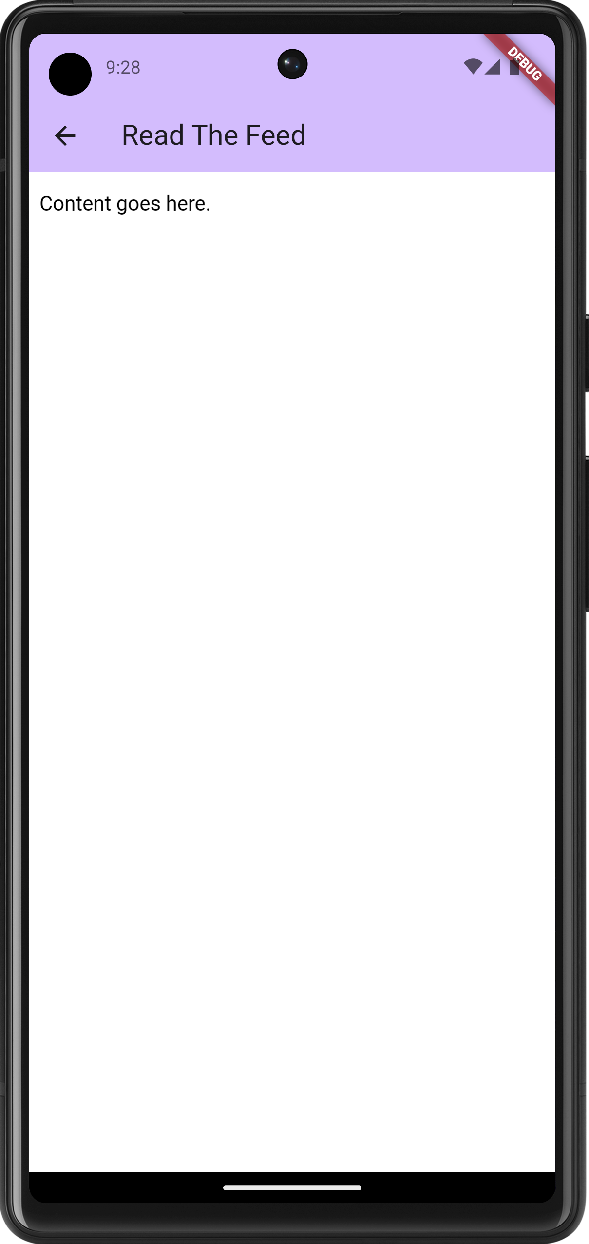 Auto-generated description: A smartphone screen displays a simple app interface with the title Read The Feed and placeholder text saying Content goes here.