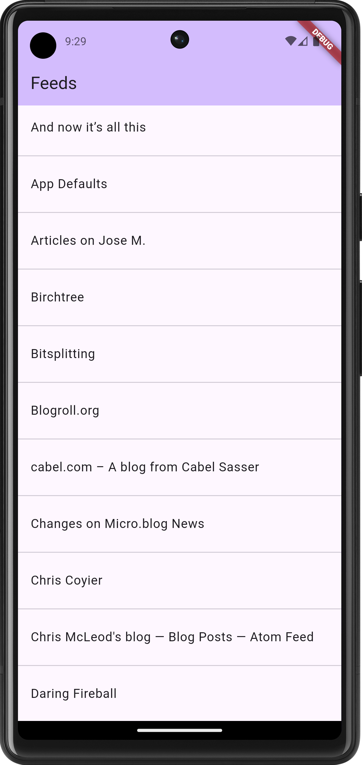 Auto-generated description: A smartphone screen displays a list of feeds with titles like And now it’s all this, App Defaults, and Articles on Jose M.