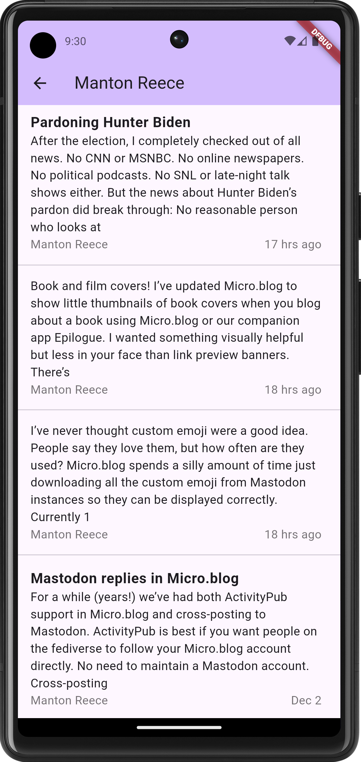 Auto-generated description: A screenshot of a social media app shows posts by Manton Reece discussing topics like media coverage, book covers, custom emojis, and Micro.blog features.