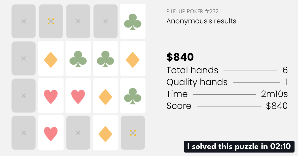 Pile-up poker result screen