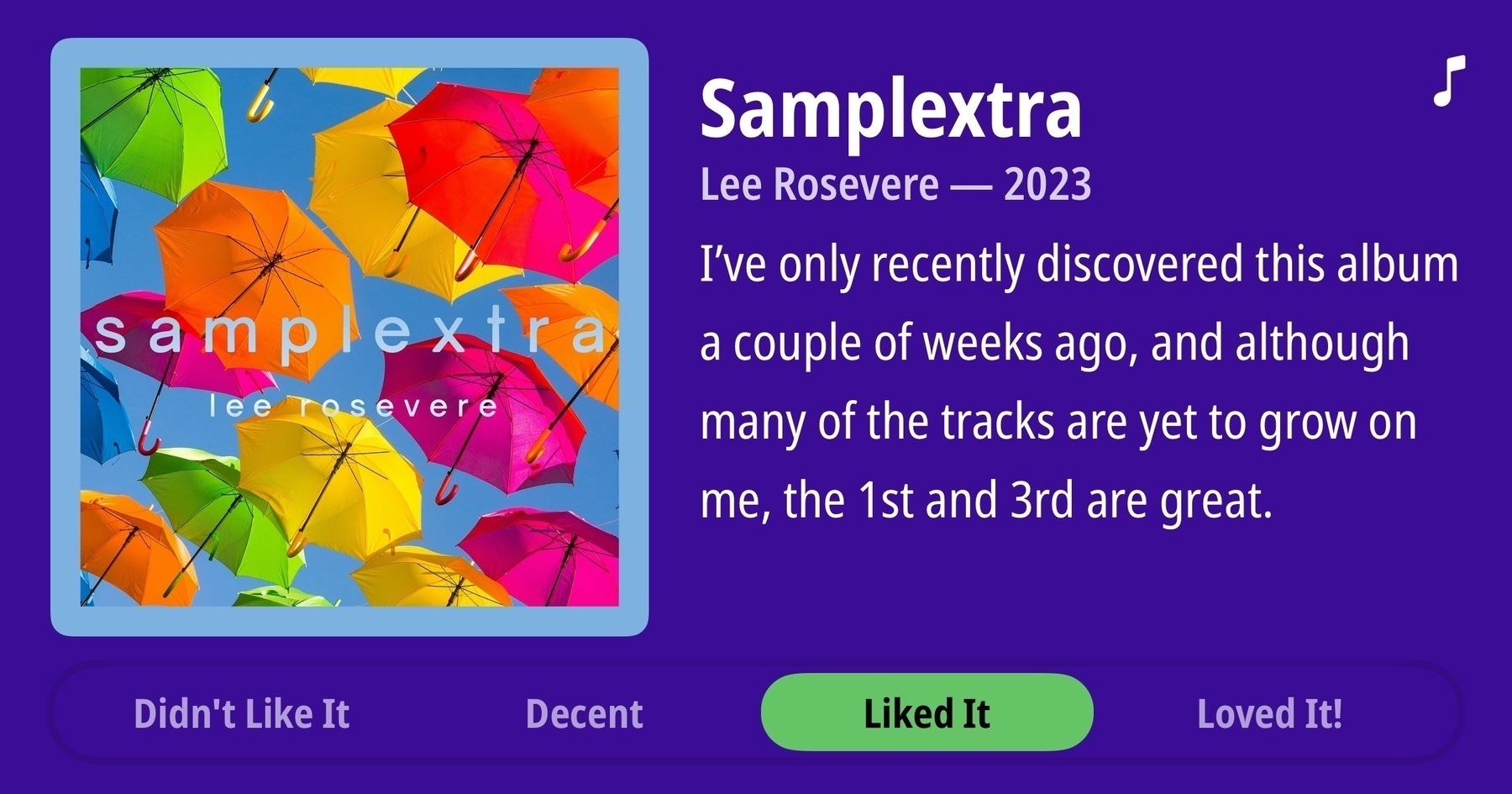 Quick review of Samplextra, by Lee Rosevere. Rating: good. Review: I’ve only recently discovered this album a couple of weeks ago, and although many of the tracks are yet to grow on me, the 1st and 3rd are great.