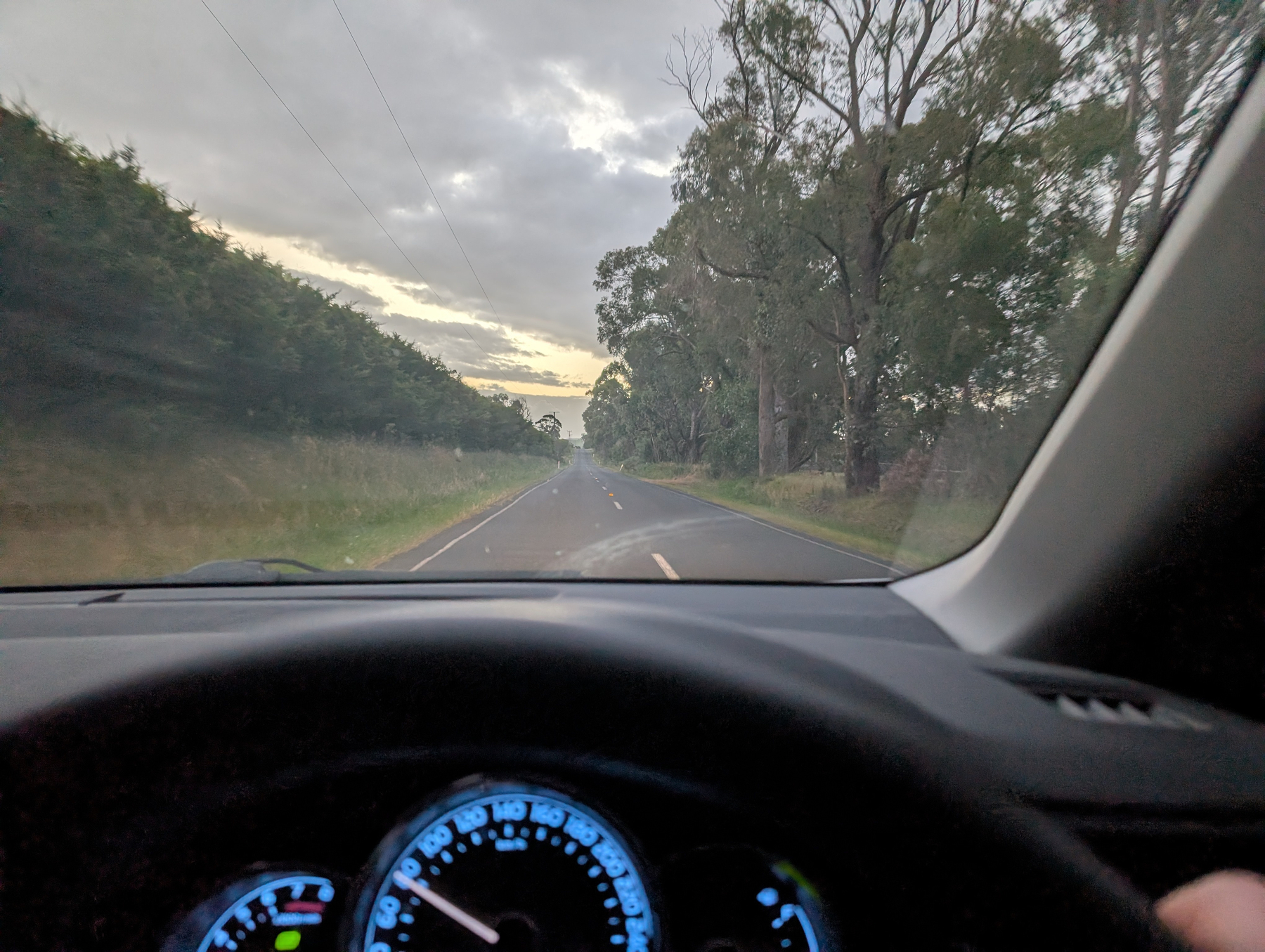 A driver's view from inside a car shows a rural road lined with trees at dusk or dawn.