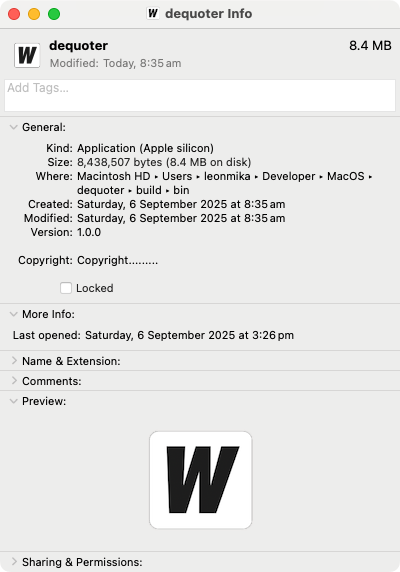 Auto-generated description: Window displaying file information for an application named dequoter, including details like size, location, and version.