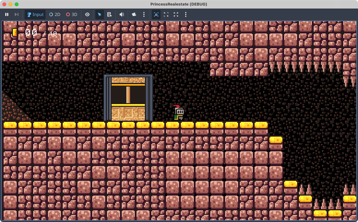 Auto-generated description: A pixel art-style platform game scene features a character standing near a doorway, surrounded by brick walls and yellow platforms, with spikes visible on the right.